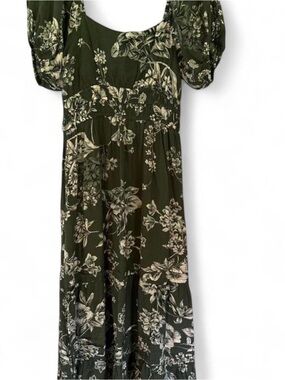 Women’s Olive Green puff sleeve Floral Maxi Dress